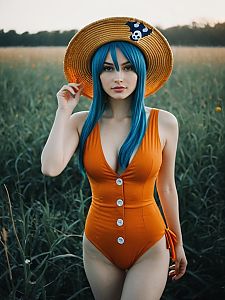 Realistic Nami Cosplay Woman Wearing Orange One Piece Swimsuit and Straw Hat