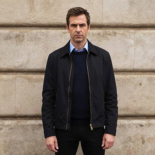 Serious Man in Dark Jacket Standing Against Stone Wall