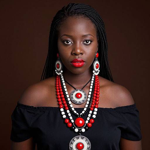 Portrait of Woman with Red and White Beaded Jewelry in Off-Shoulder Black Top