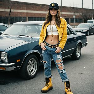 Hip-Hop Fashion: Woman in Yellow Denim Jacket & Vintage Car