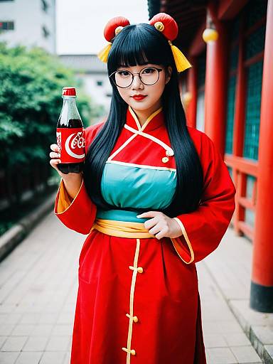 Ranma ½ Inspired Cosplay Woman Holding Coca-Cola Bottle Outdoors