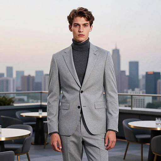 Young Man in Light Gray Suit and Turtleneck on Rooftop with City Skyline