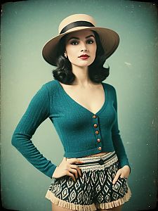 Woman in Casual Chic Deep Teal Ribbed Knit Henley Top with Patterned Shorts and Wide-Brimmed Hat
