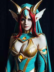 Woman Cosplaying as Ocellus in Detailed Fantasy Costume with Red Hair and Elf Ears
