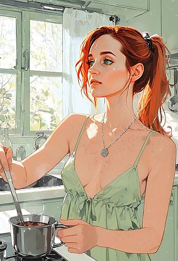 Red Haired Woman Cooking in Sunlit Kitchen Digital Art