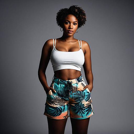 Confident Woman Wearing Tropical Shorts and White Crop Top Portrait