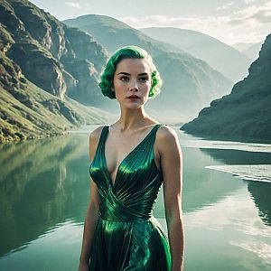 Woman by Serene River with Green Hair and Flowing Dress