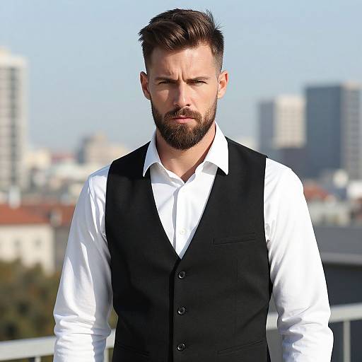Confident Young Man in Black Vest and White Shirt Outdoors in City