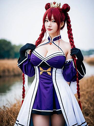Monarch Azur Lane Cosplay Woman in Detailed Purple Costume with Crown