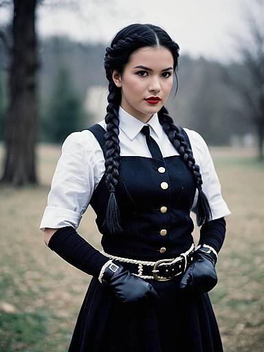 Portrait of Woman in Black Dress with Wide Belt and Braided Hair Outdoors