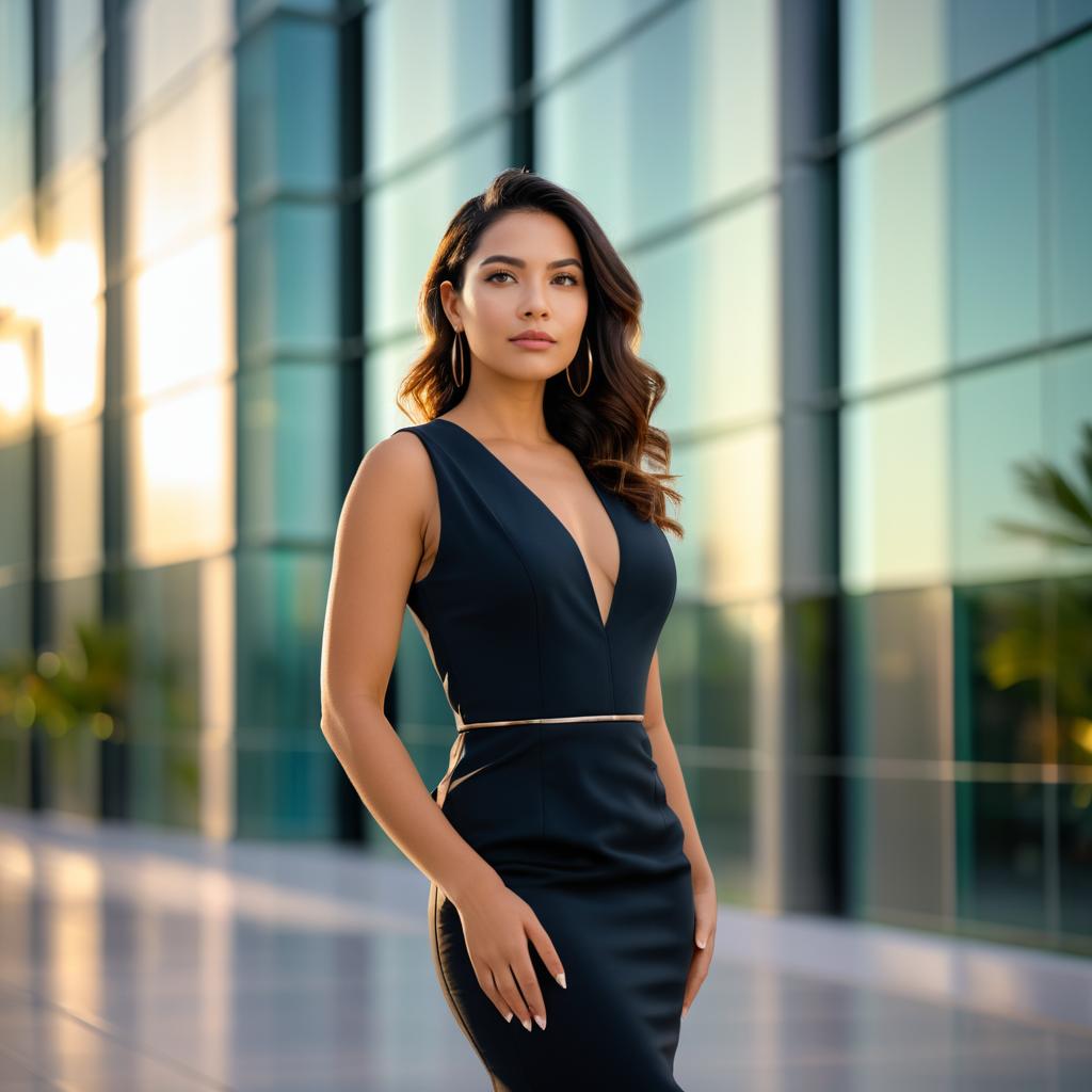 Confident Woman in Black Dress Against Modern Architecture