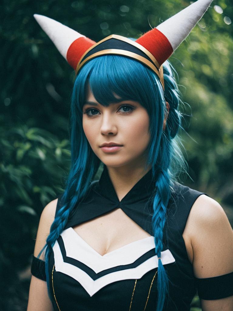 Photorealistic Cosplay Portrait of Woman in Mina Costume with Blue Hair and Horns