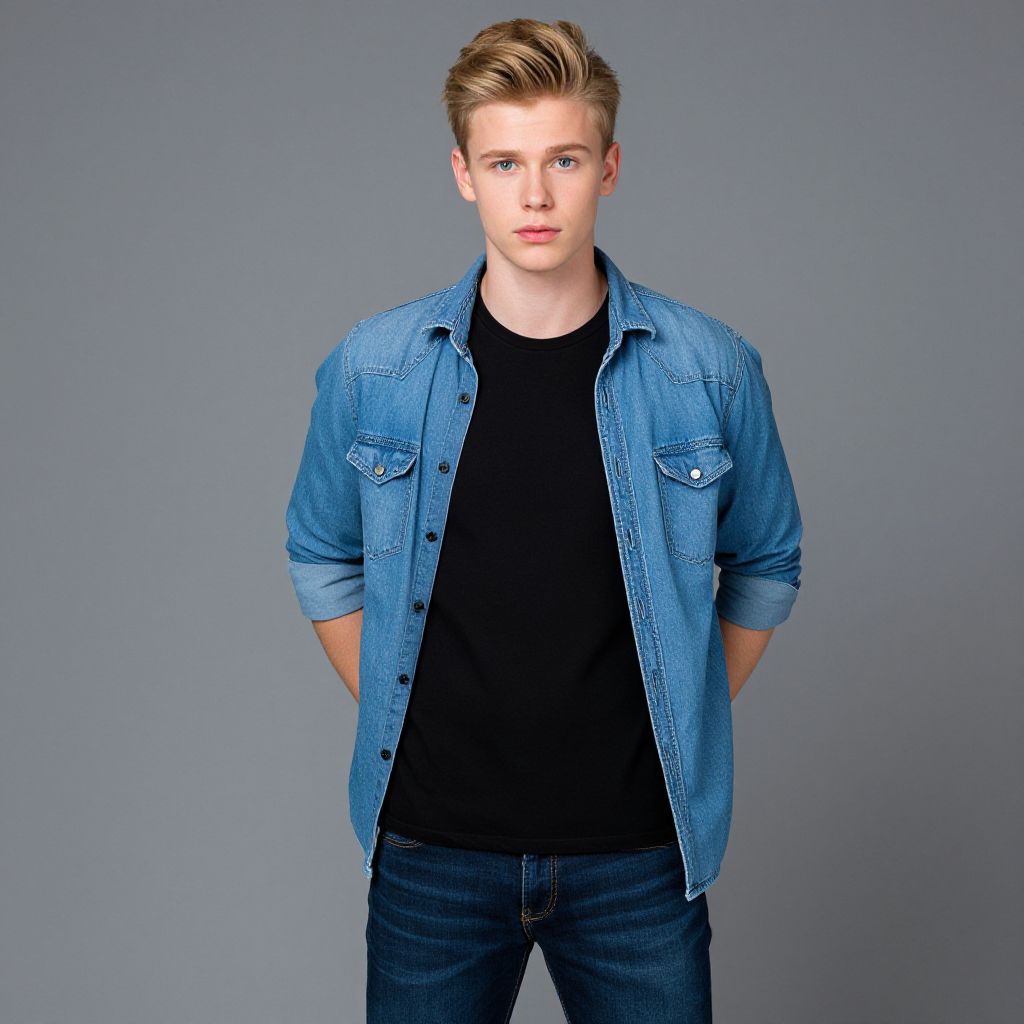 Young Man Wearing Denim Shirt and Black T-Shirt on Gray Background