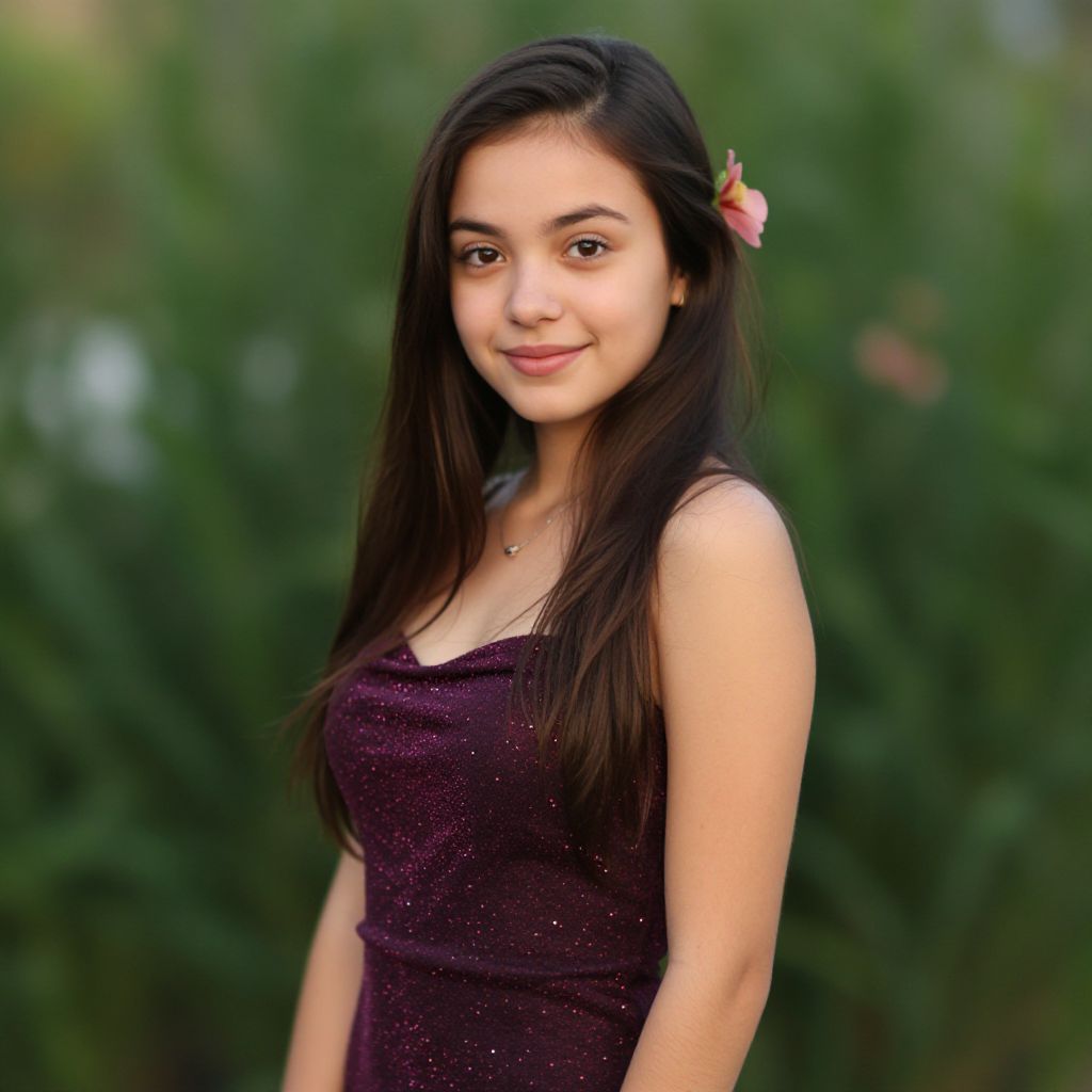 Young Woman in Sparkling Purple Dress with Flower in Hair Outdoor Portrait