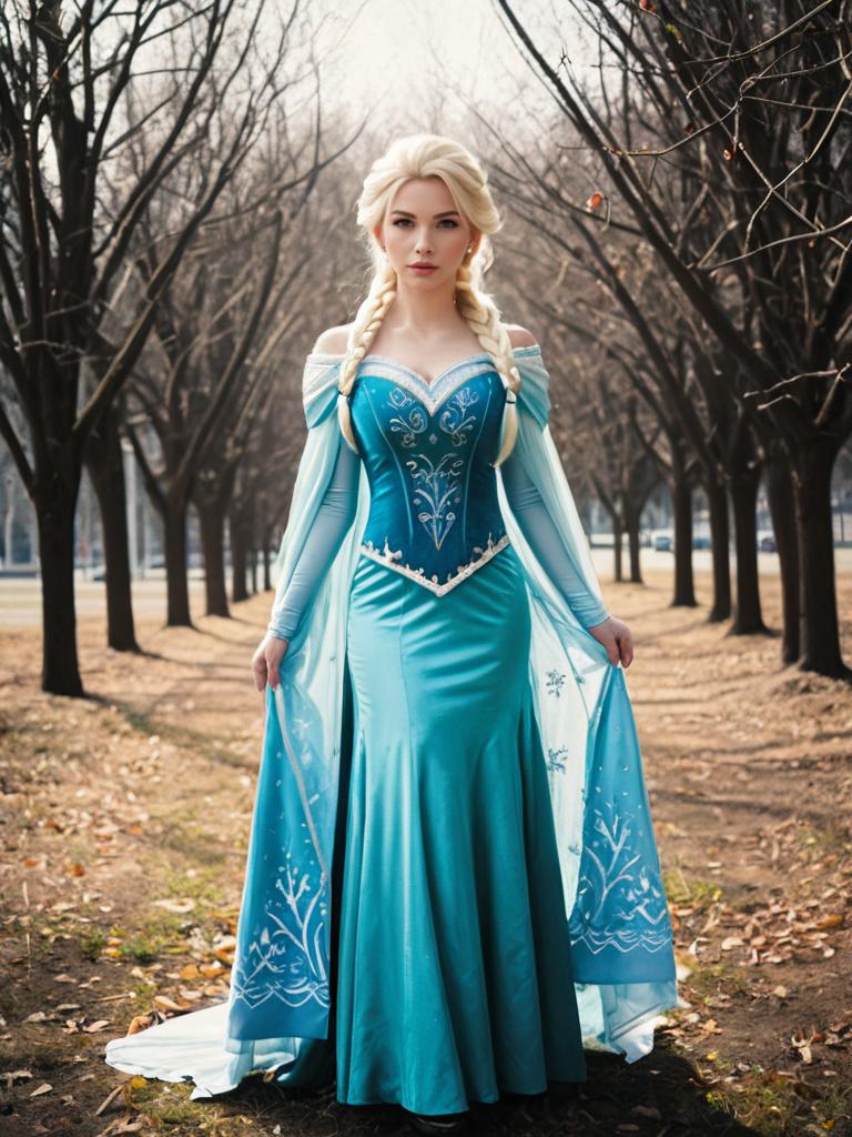 Realistic Elsa Granhiert Cosplay Woman in Blue Gown Outdoors