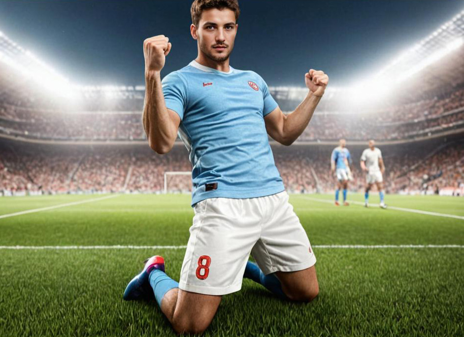 Sporty Man in Soccer Uniform Kneeling on Field