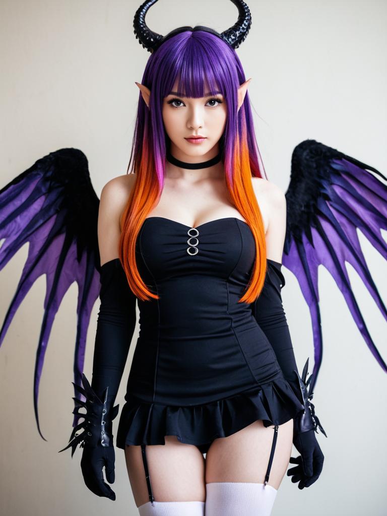 Ao-Chan Ninomae Inanis Demon Cosplay with Purple Orange Hair and Black Wings