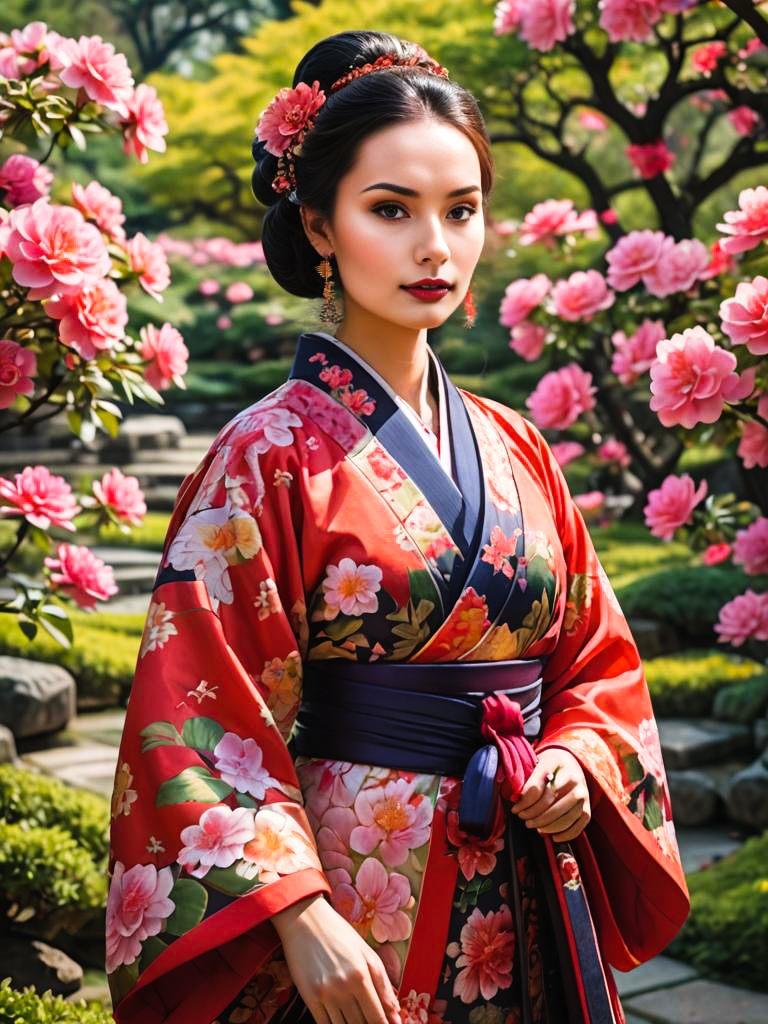 Woman in Traditional Kimono with Peonies