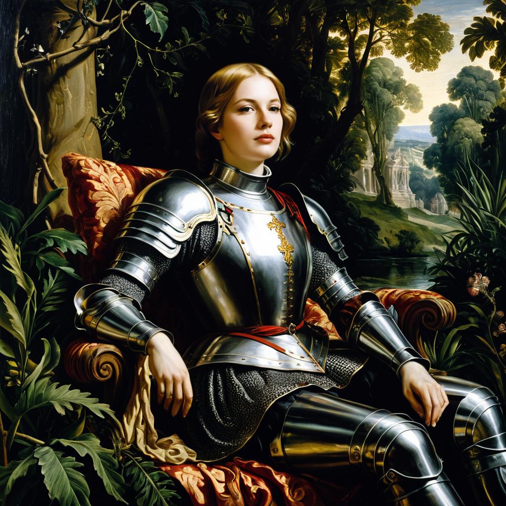Medieval Woman Knight in Shining Armor Seated in Renaissance Landscape