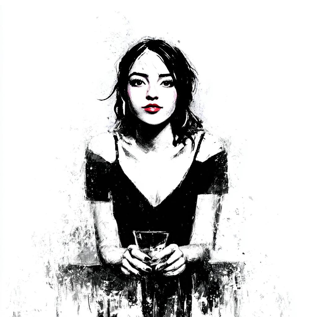 Monochrome Digital Portrait of Woman Holding Glass with Red Lips