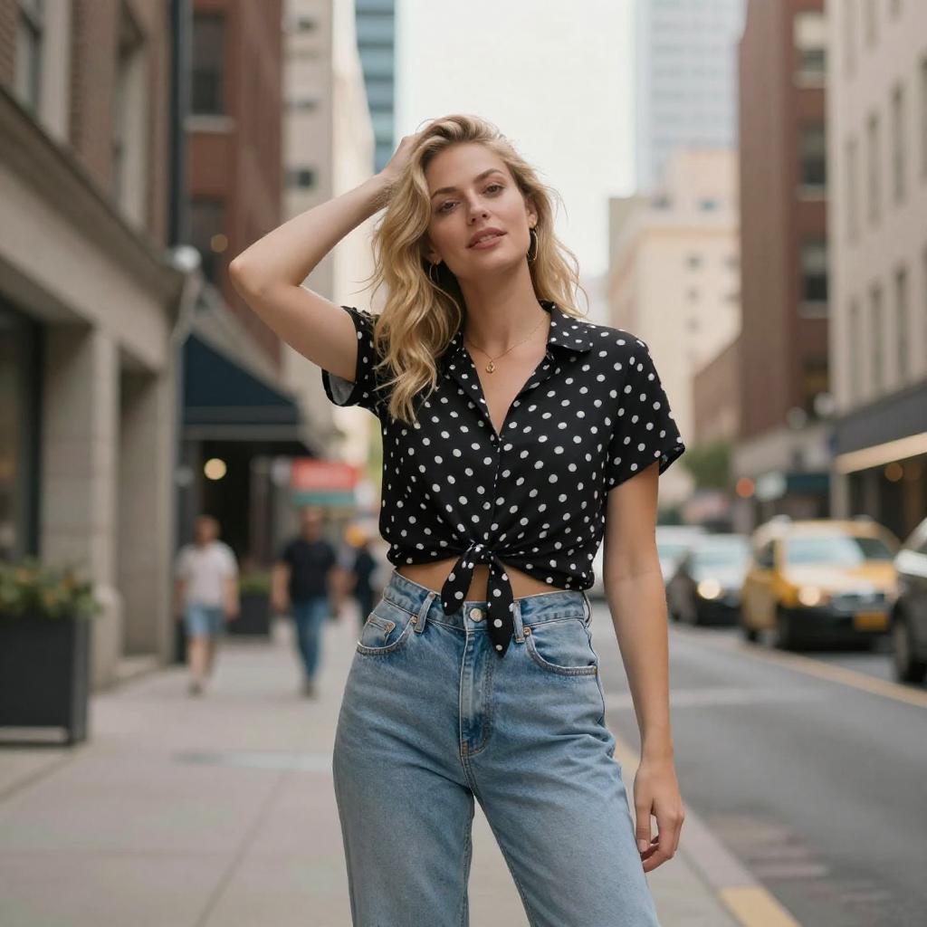 Trendy Gen Z Woman in Polka Dot Blouse and High-Waisted Jeans on Urban Street