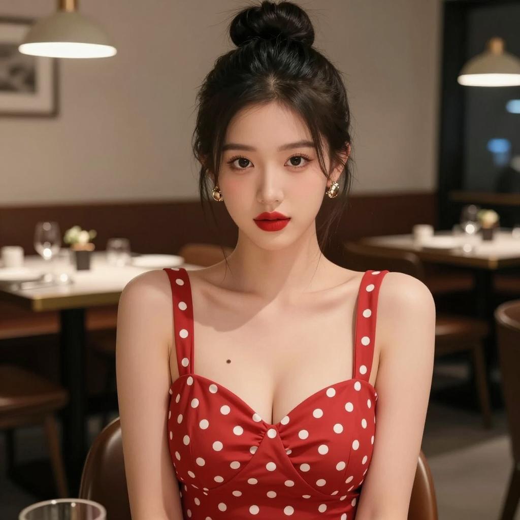 Elegant Woman in Red Polka Dot Dress in Modern Restaurant