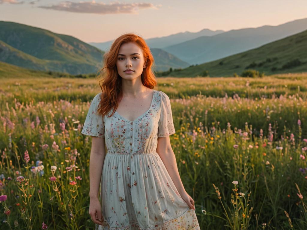 Woman in Floral Dress in Lush Meadow at Golden Hour