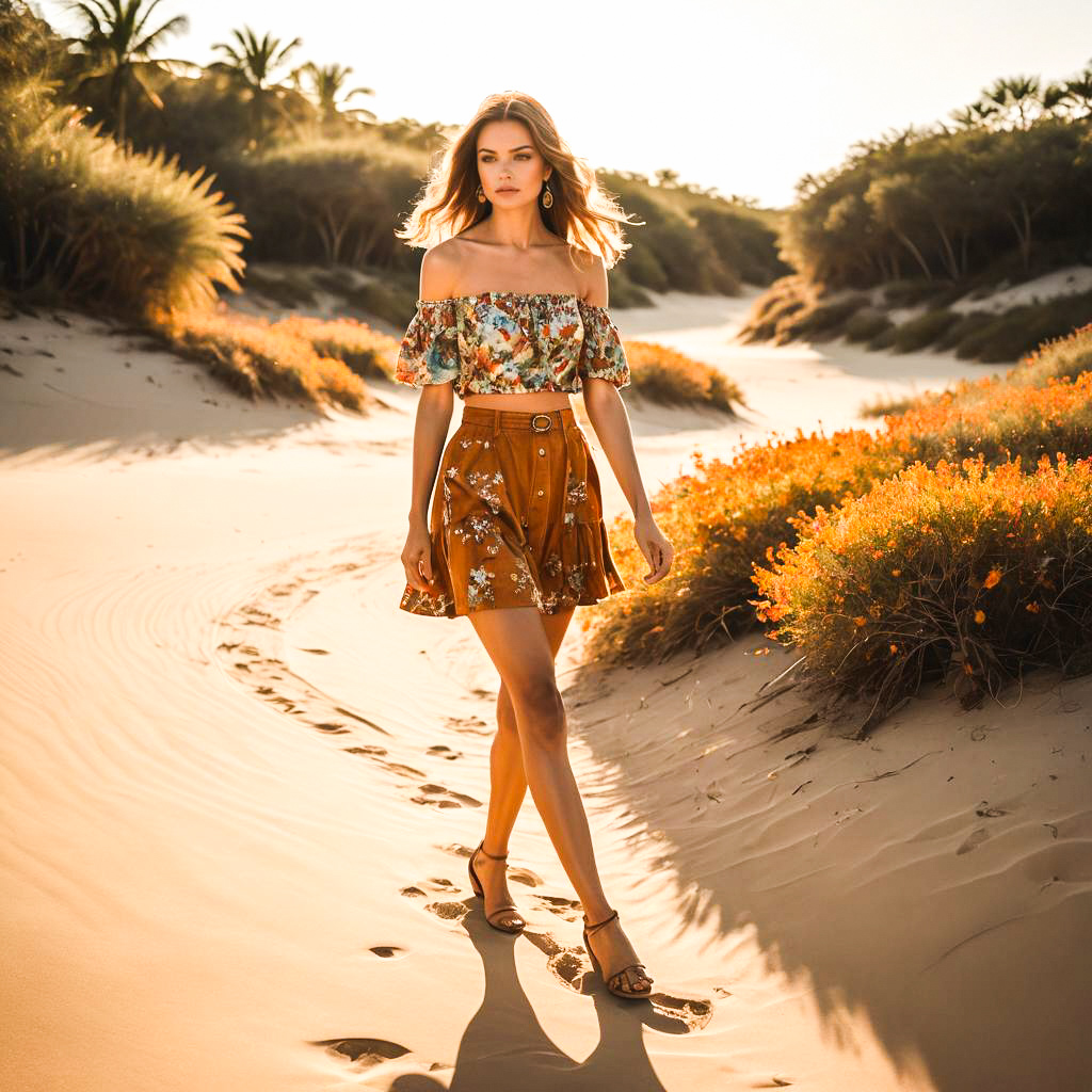 Woman in Floral Outfit on Beach