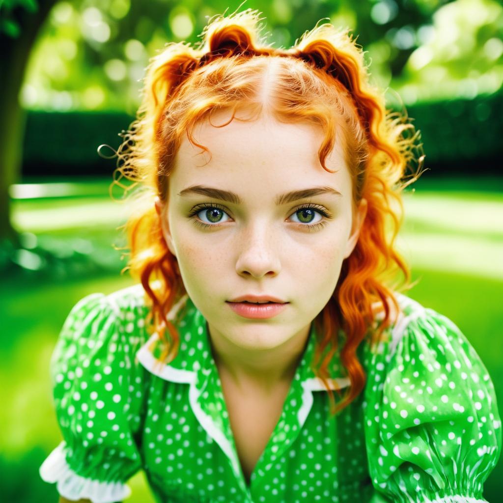 Young Woman with Red Curly Hair in Green Blouse