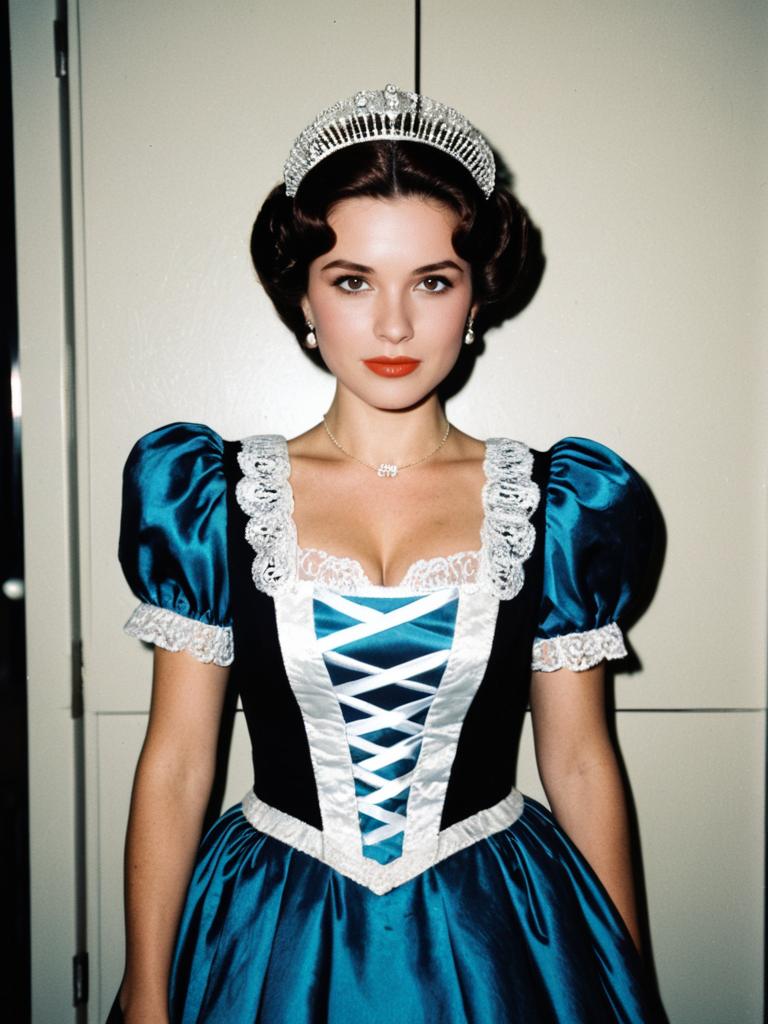 Woman Wearing Miss Elizabeth Costume with Tiara and Blue Satin Dress