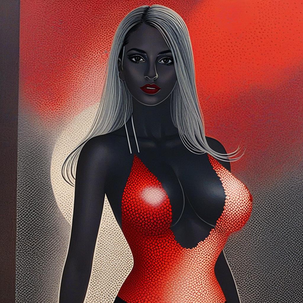 Striking Woman in Red Dress with Silver Hair