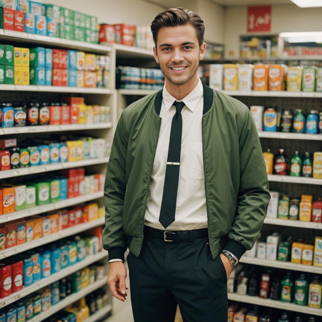 Stylish Man in Green Bomber Jacket at Supermarket