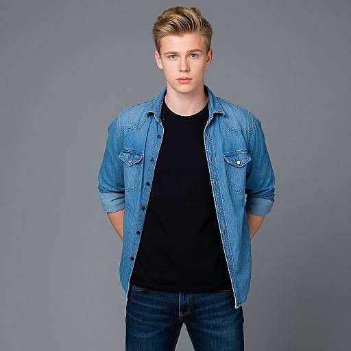 Young Man Wearing Denim Shirt and Black T-Shirt on Gray Background