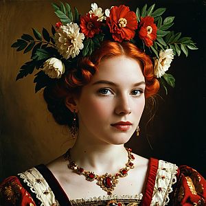Renaissance Style Portrait of Red-Haired Woman with Floral Crown