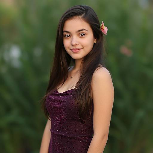 Young Woman in Sparkling Purple Dress with Flower in Hair Outdoor Portrait