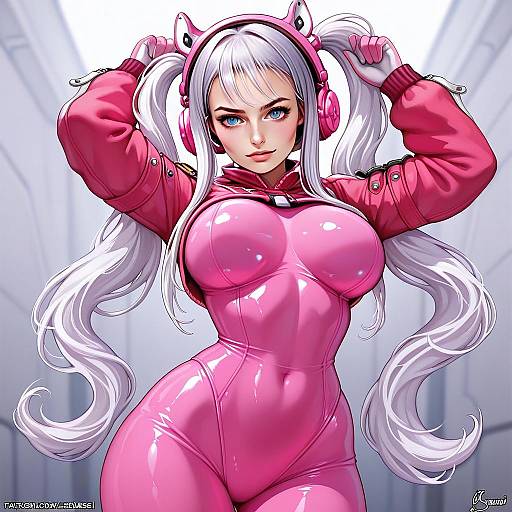 Anime Style Woman in Glossy Pink Bodysuit with Cat-Ear Headphones