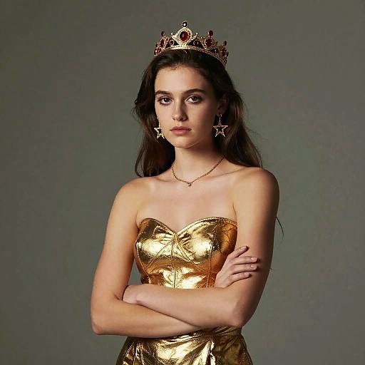Gen Z Woman Wearing Gold Dress and Jeweled Crown Portrait