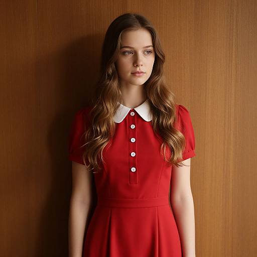 Young Woman in Classic Red Dress with Peter Pan Collar Standing by Wooden Wall