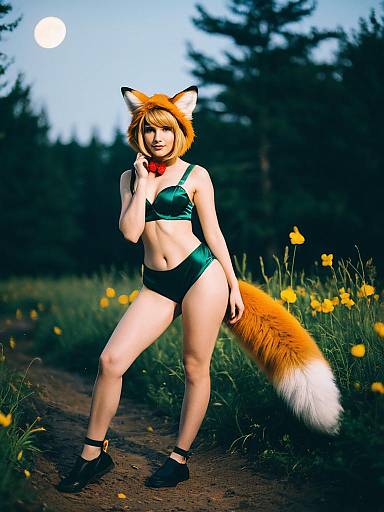 Fox Costume Cosplay Woman Under Moonlight in Outdoor Nature