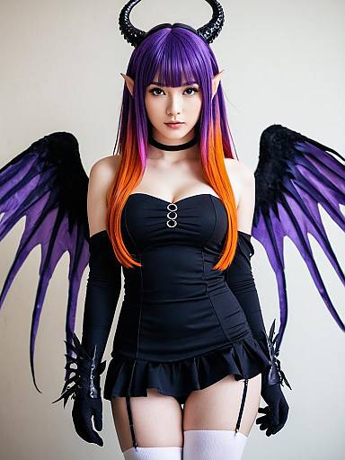 Ao-Chan Ninomae Inanis Demon Cosplay with Purple Orange Hair and Black Wings
