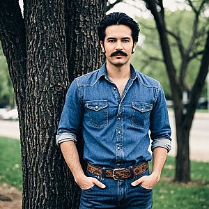 Man with Mustache in Denim Outfit by Tree