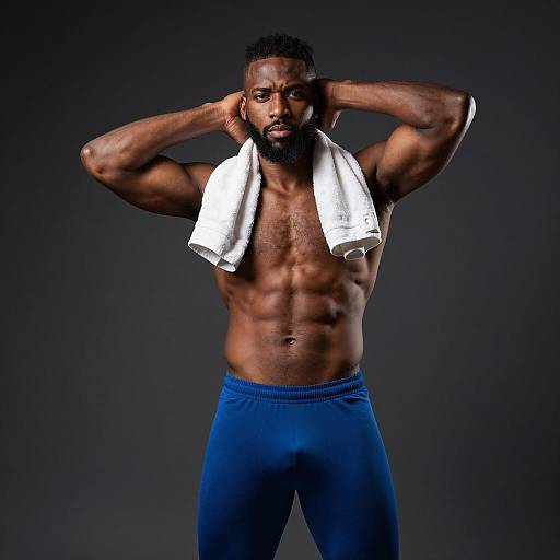 Fit Black Man with Towel and Blue Pants Fitness Portrait