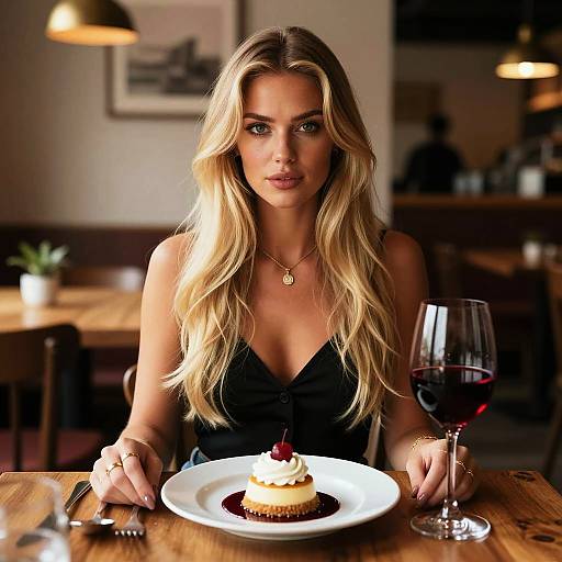 Blonde Woman Enjoying Dessert and Red Wine in Cozy Restaurant