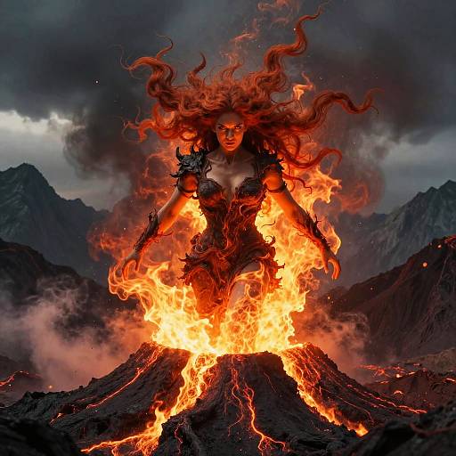 Fiery Woman Rising from Volcano Eruption in Fantasy Style