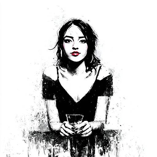 Monochrome Digital Portrait of Woman Holding Glass with Red Lips