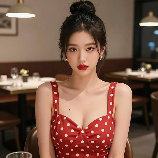 Elegant Woman in Red Polka Dot Dress in Modern Restaurant