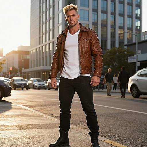 Confident Man in Brown Leather Jacket on Urban Street