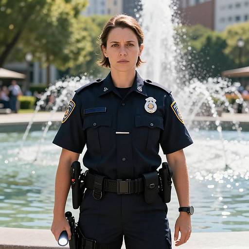 Female Police Officer in Uniform by City Fountain