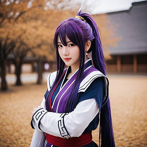 Akatsuki Log Horizon Cosplay Portrait with Purple Hair and Autumn Background