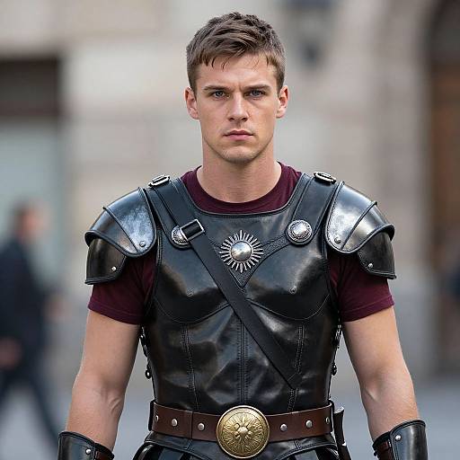 Young Man in Black Leather Armor with Medieval Fantasy Style